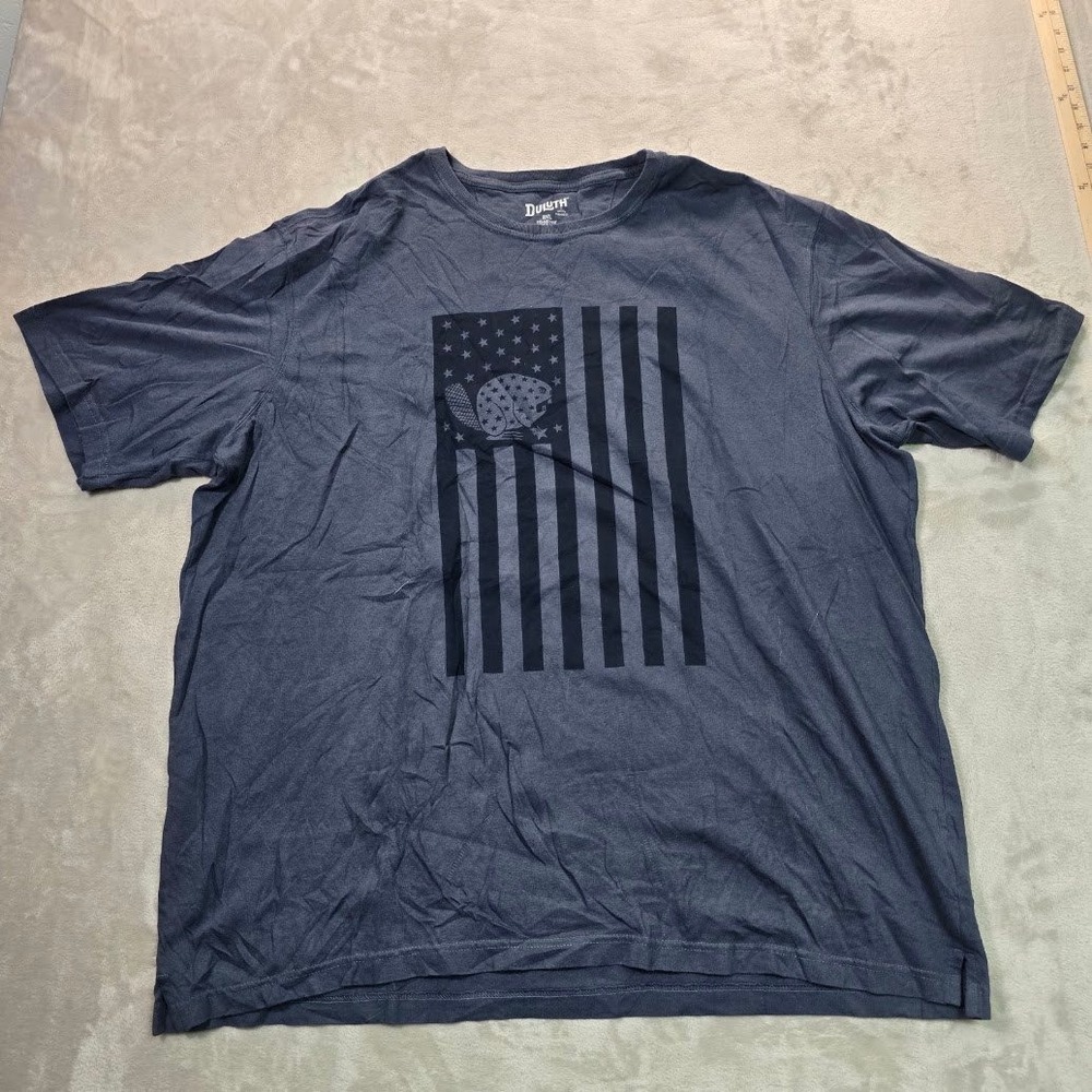 Duluth Trading Co Mens 2XL Longtail T Shirt Blue American Flag Beaver Logo 80622